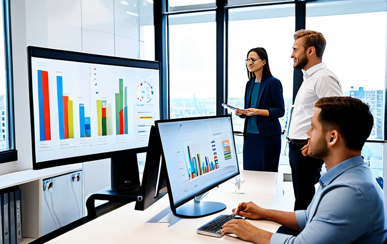 A diverse group of professional individuals, male and female, collaborating dynamically in a bright, contemporary open-plan office space. They are dressed in modern, modest business casual attire. The setting features sleek, Scandinavian design elements, large windows showcasing a clean, modern city skyline in the background, and digital screens displaying graphs and innovative concepts. They are engaged in a brainstorming session, with one person presenting ideas on a large interactive display, and others taking notes or discussing. Their expressions are focused and positive, conveying innovation and teamwork. Perfect anatomy, correct proportions, well-formed hands, proper finger count, natural body proportions, natural pose. Professional photography, high quality, sharp focus, clean aesthetic. Fully clothed, modest clothing, appropriate attire, professional dress, safe for work, appropriate content, professional, family-friendly.