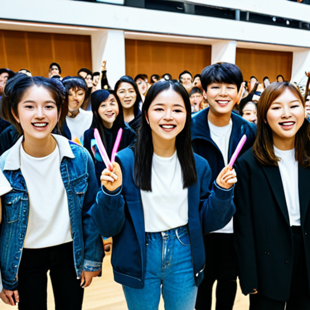 A diverse group of young adults and teenagers, fully clothed in modest, modern streetwear, gathered in a bright, spacious hall. They are engaged in a vibrant K-Pop and K-Drama fan event, with some holding K-Pop lightsticks and others showing excitement. Their poses are natural, reflecting a joyful and energetic atmosphere. The background features subtle Scandinavian architectural elements, suggesting a modern event space in a Swedish city. Professional photography, high resolution, well-formed hands, proper finger count, perfect anatomy, correct proportions, natural body proportions, safe for work, appropriate content, fully clothed, family-friendly, modest clothing.