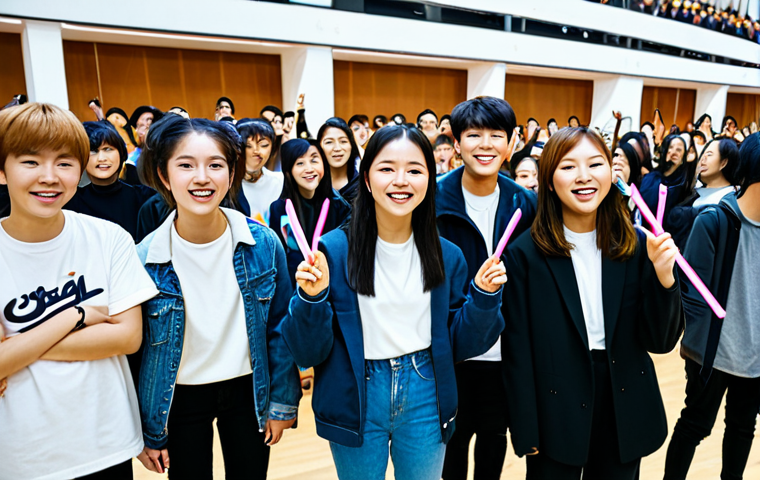 A diverse group of young adults and teenagers, fully clothed in modest, modern streetwear, gathered in a bright, spacious hall. They are engaged in a vibrant K-Pop and K-Drama fan event, with some holding K-Pop lightsticks and others showing excitement. Their poses are natural, reflecting a joyful and energetic atmosphere. The background features subtle Scandinavian architectural elements, suggesting a modern event space in a Swedish city. Professional photography, high resolution, well-formed hands, proper finger count, perfect anatomy, correct proportions, natural body proportions, safe for work, appropriate content, fully clothed, family-friendly, modest clothing.