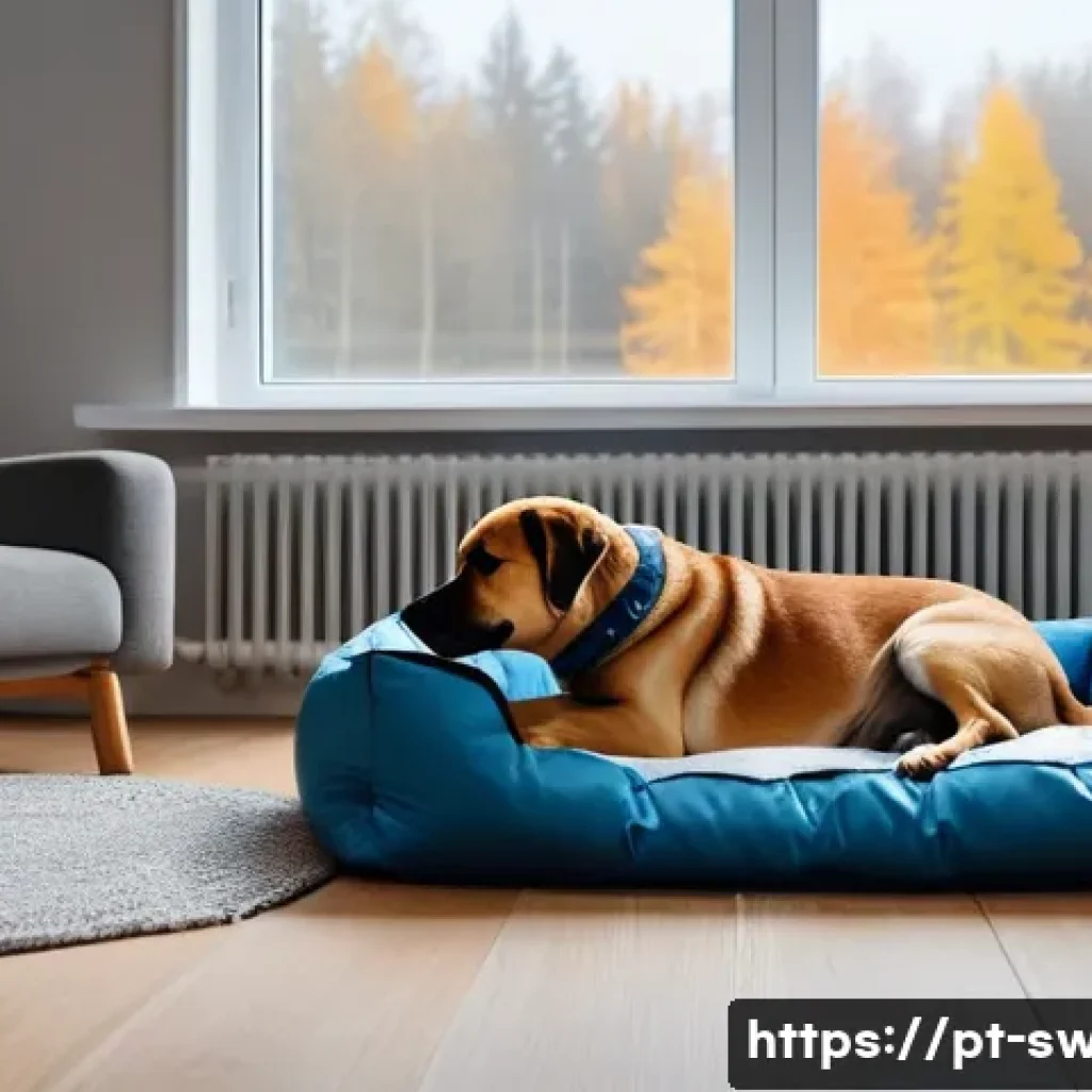 스웨덴에서의 반려동물 키우기 - A cozy Swedish winter scene featuring a medium-sized dog wearing a warm, colorful thermal jacket, si...