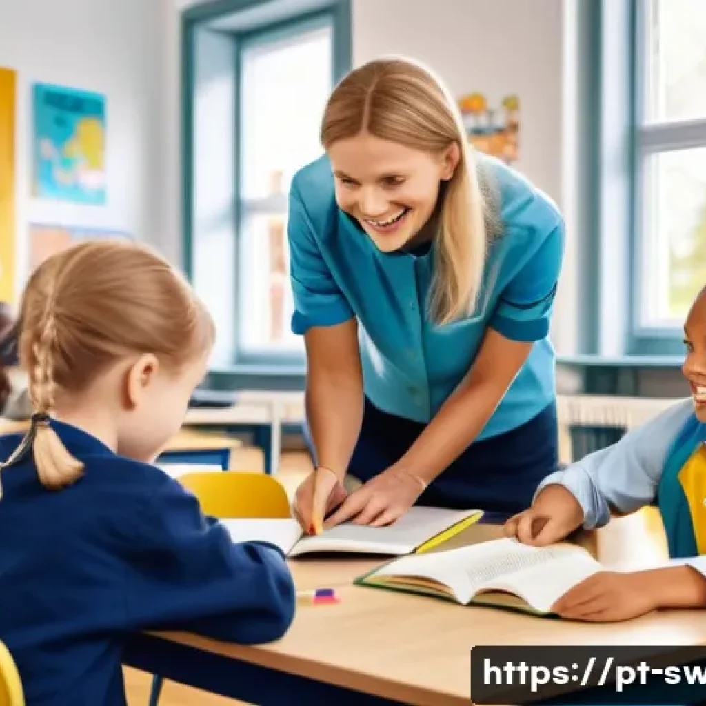 스웨덴에서의 교육 자원봉사 - A diverse group of volunteers in a bright, modern Swedish classroom setting, wearing casual clothing...
