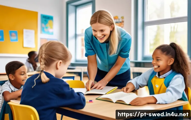 스웨덴에서의 교육 자원봉사 - A diverse group of volunteers in a bright, modern Swedish classroom setting, wearing casual clothing...