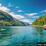 Home 22 스웨덴과 유럽 여행 루트 - A serene Scandinavian fjord landscape during late spring, featuring crystal-clear turquoise water su...