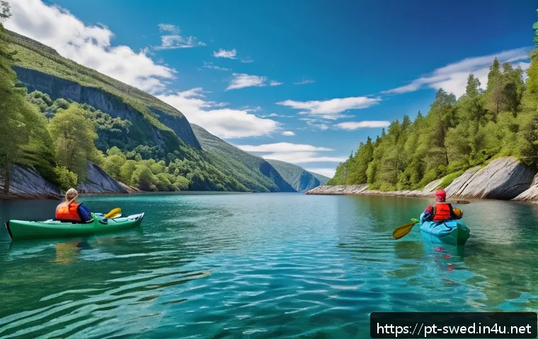 스웨덴과 유럽 여행 루트 - A serene Scandinavian fjord landscape during late spring, featuring crystal-clear turquoise water su...
