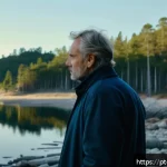 Home 21 스웨덴의 영화 산업 - A contemplative Swedish film scene set in a minimalistic natural landscape during golden hour, featu...