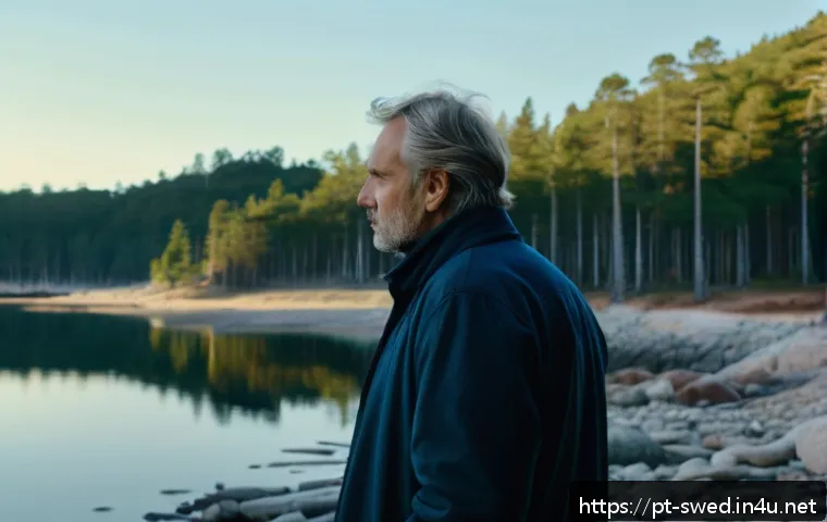 스웨덴의 영화 산업 - A contemplative Swedish film scene set in a minimalistic natural landscape during golden hour, featu...