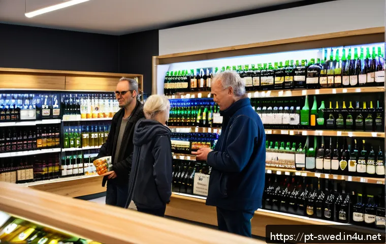 스웨덴에서 술 구매하는 법 - A cozy interior of a Swedish Systembolaget store during daytime, featuring well-organized shelves st...
