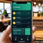 Home 19 스웨덴의 핀테크 산업 - A modern, sleek Swedish fintech mobile app interface displayed on a smartphone held by a diverse gro...