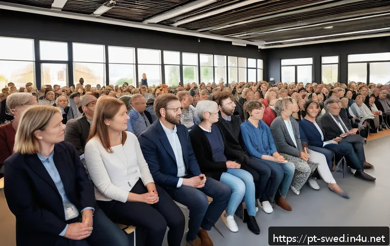 스웨덴의 정치 시스템 - A vibrant public forum scene in Sweden, showing diverse citizens actively engaged in a town hall mee...