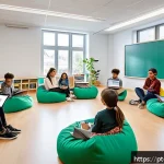 Home 23 스웨덴의 교육 시스템 - A modern Swedish classroom designed with flexible learning environments featuring diverse seating op...