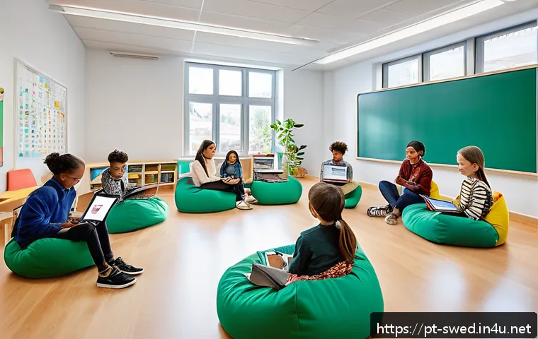 스웨덴의 교육 시스템 - A modern Swedish classroom designed with flexible learning environments featuring diverse seating op...