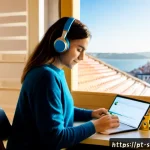 스웨덴어 배우기 팁 - Photorealistic cozy Lisbon apartment study scene, a young Portuguese woman learning Swedish through ...