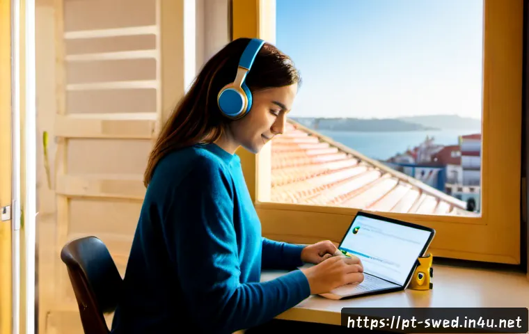 스웨덴어 배우기 팁 - Photorealistic cozy Lisbon apartment study scene, a young Portuguese woman learning Swedish through ...
