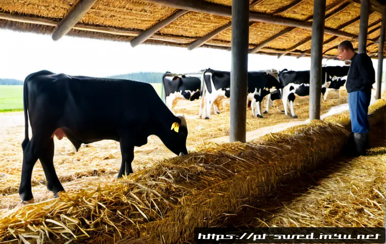 Home 17 스웨덴의 동물 보호 정책 - Photorealistic Swedish animal welfare farm scene, healthy dairy cows resting freely on deep golden s...
