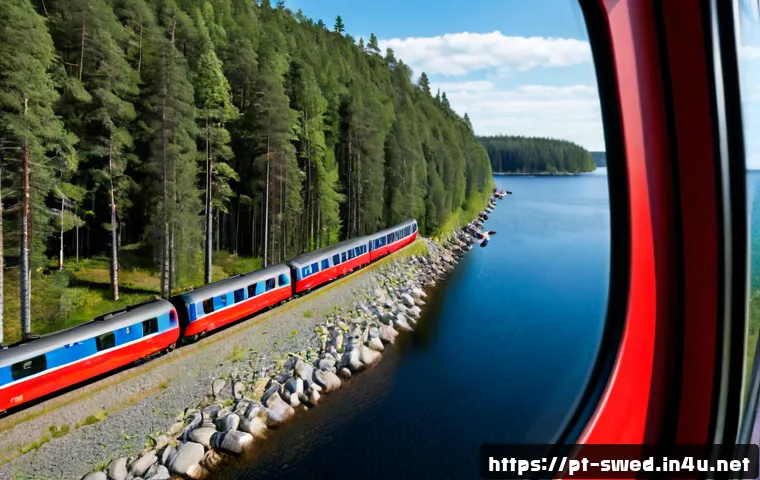 스웨덴 기차 여행 루트 - Photorealistic scenic train journey through Sweden, modern red passenger train curving beside a calm...